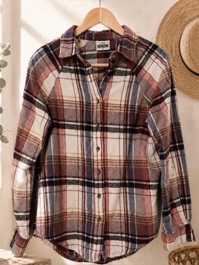 ✨ Herizon Dusty Pink Plaid Top Cotton Flannel Button Down Shirt Size S ✨
